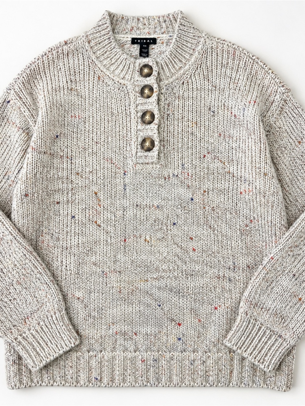 Tribal Speckled Knit Button Neck Sweater P/S
